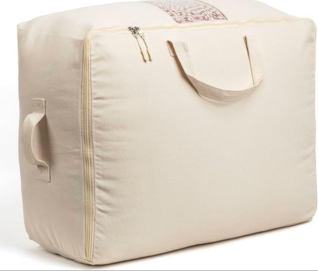 Canvas storage duffel, leather trim